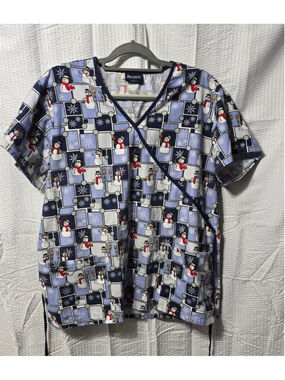 Women's Absolute Christmas Snowman Scrub Top XL Blue White